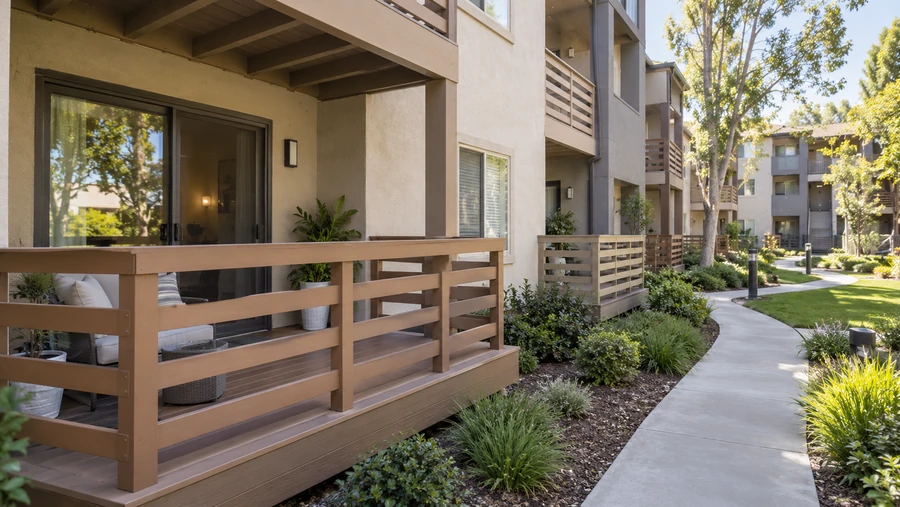 Ground floor apartment deck with a horizontal slat railing and patio chairs beside a path