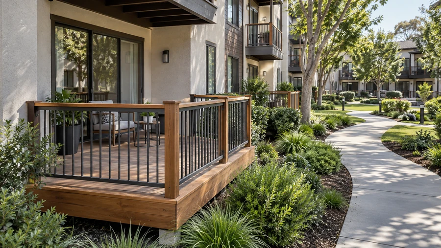 Ground floor apartment deck with a cap rail and black metal balusters beside a curved path