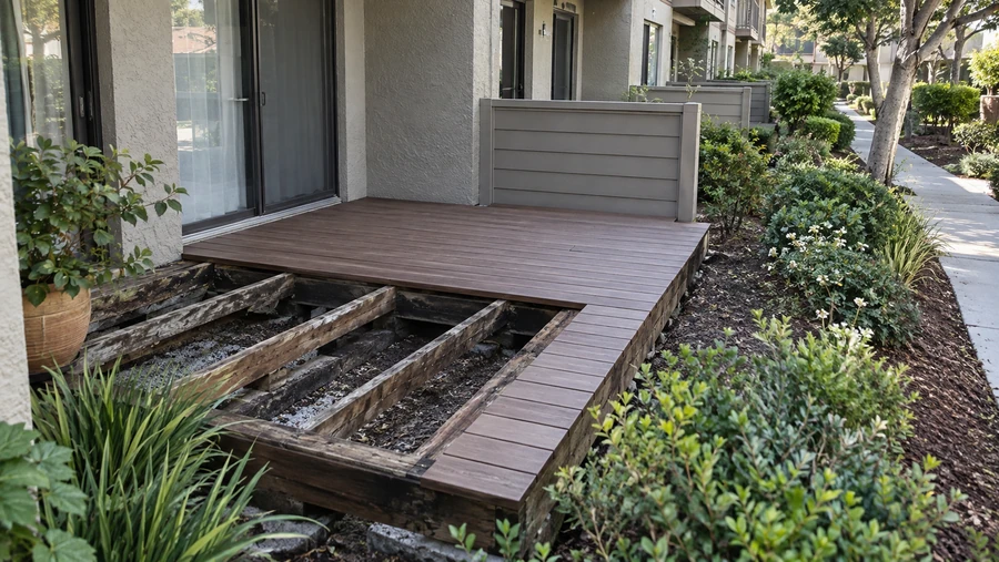 Patio deck at an apartment building with new boards laid over half and old framing exposed