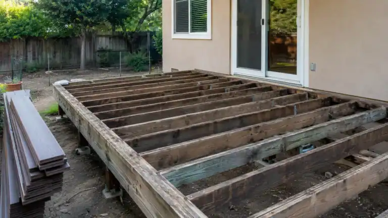 Deck stripped to bare framing with new composite boards stacked alongside, ready to go down