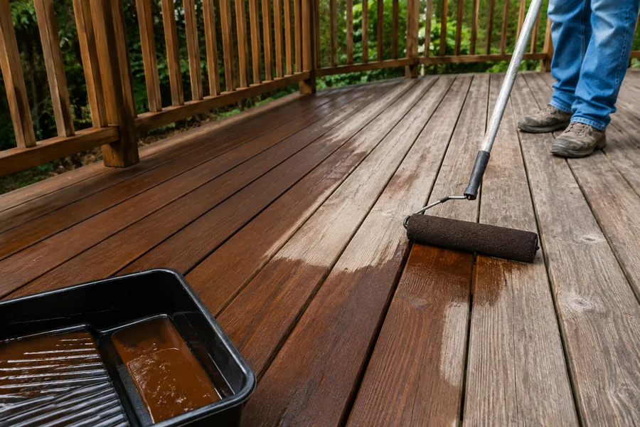 Deck stain being rolled onto cleaned boards, with the finished and unfinished areas side by side