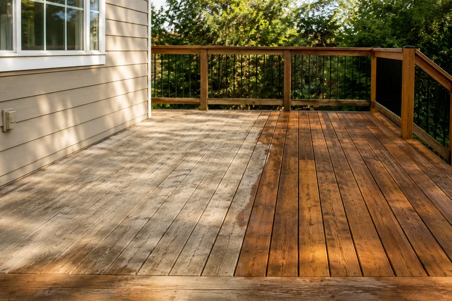 Deck part-restored, weathered grey boards on one side and freshly stained boards on the other