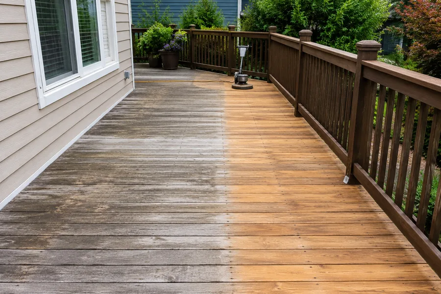Deck surface being cleaned, with the cleaned strip contrasting against the weathered boards