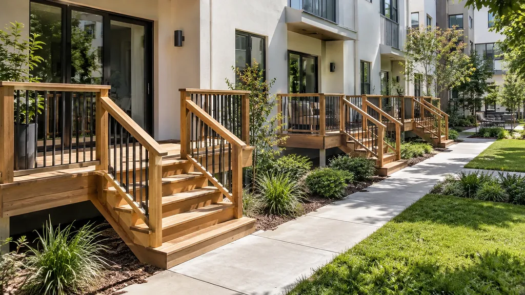 Wood deck stairs with wood top rails and black metal balusters along a row of attached units