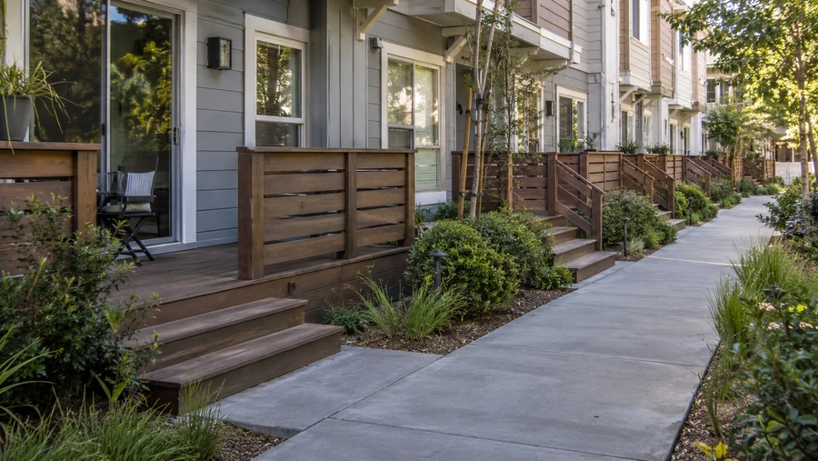 Dark stained wood entry decks with slat railings and short steps along a shared walkway