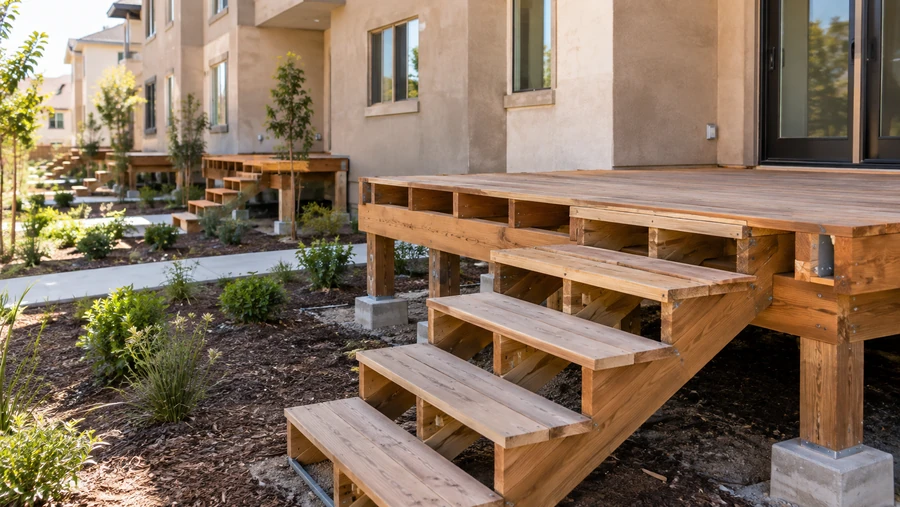 Wood deck stairs under construction: cut stringers and two-board treads, no handrails, posts on concrete piers