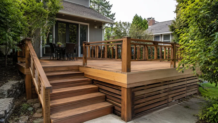 Repaired deck with sound framing, new boards and refinished railings