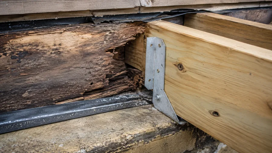 Delaminated rotten rim alongside a new joist set on a metal hanger