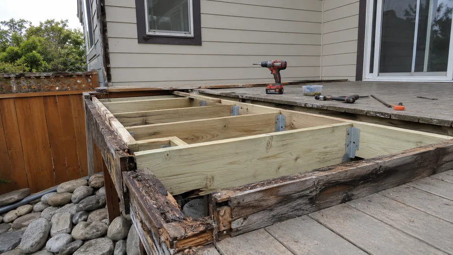 New framing installed inside a rotted perimeter beam during a rot repair