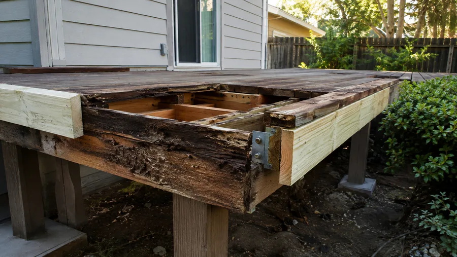 Rotted rim beam being replaced with new pressure-treated framing and a bolted connection