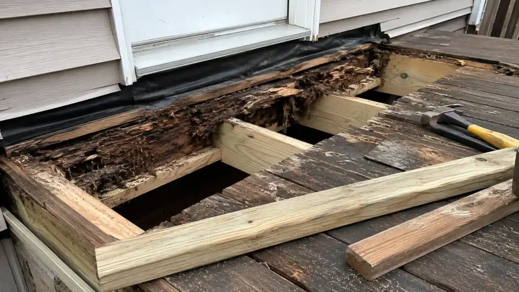 Rotted ledger exposed behind flashing after deck boards were lifted, with new framing going in