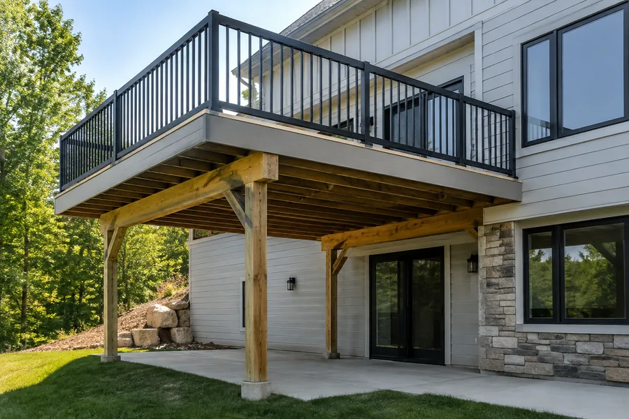 Raised balcony carried on timber posts with knee braces over a ground-floor patio