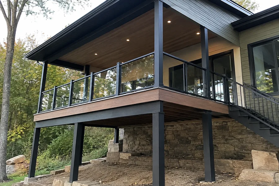 Elevated balcony on steel posts with glass panel guardrails and an exterior stair
