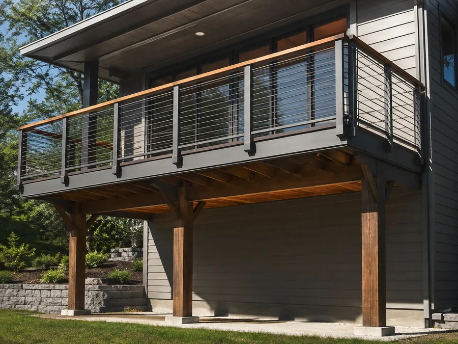 Elevated balcony structure showing beams, joists, knee-braced posts and metal post bases on concrete