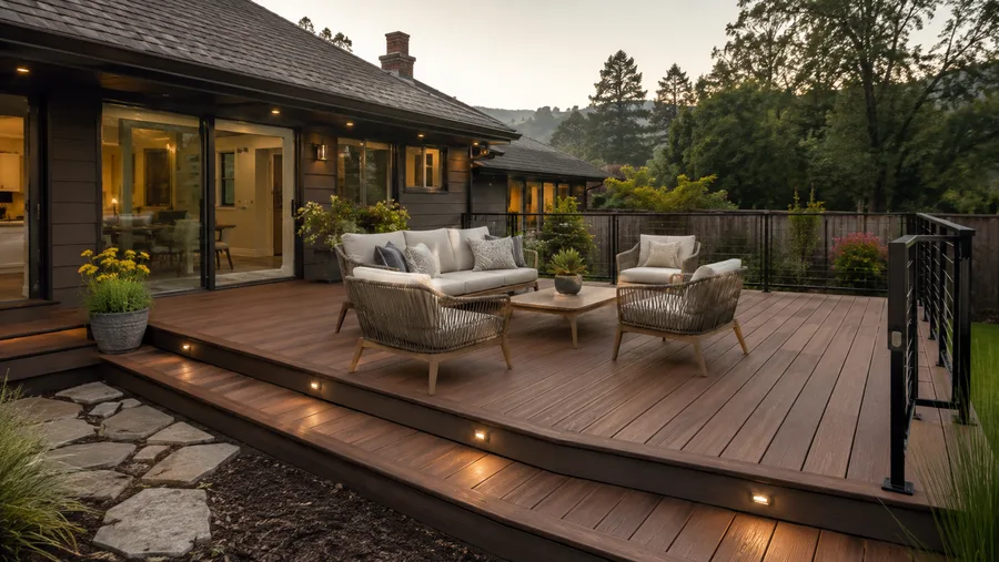 Entertainment deck with lounge seating, cable guardrails and recessed step lighting