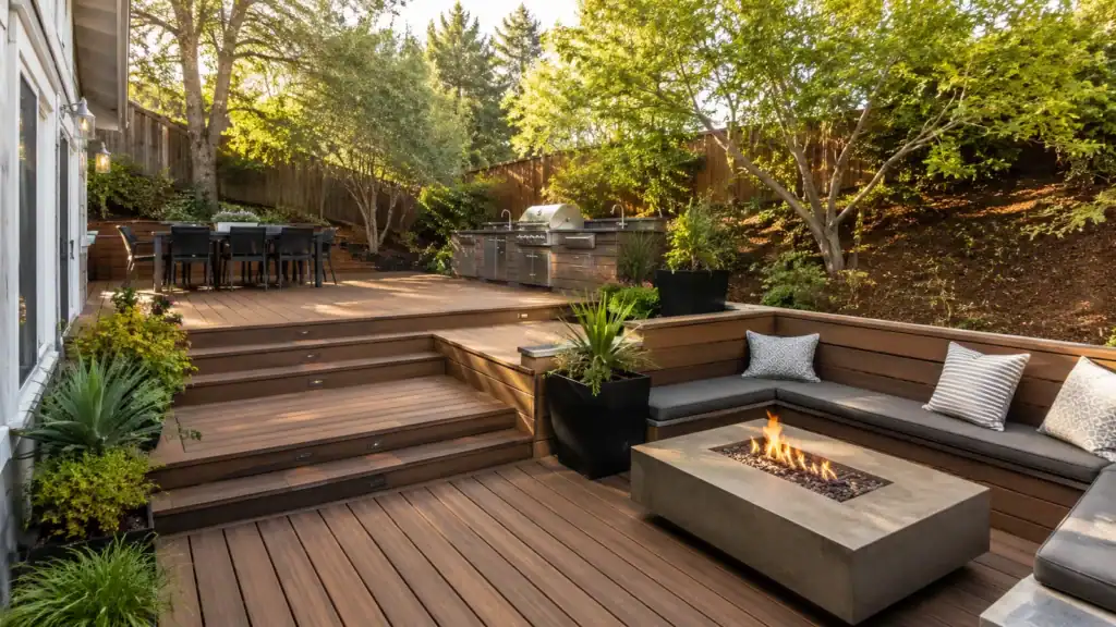 Multi-level entertainment deck with outdoor kitchen, fire table and built-in bench seating