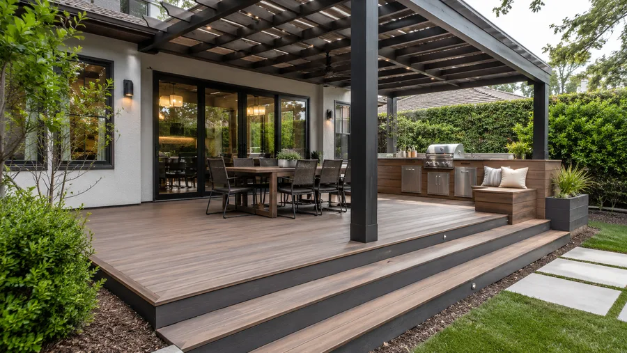 Covered entertainment deck with pergola, dining area and a built-in outdoor kitchen run