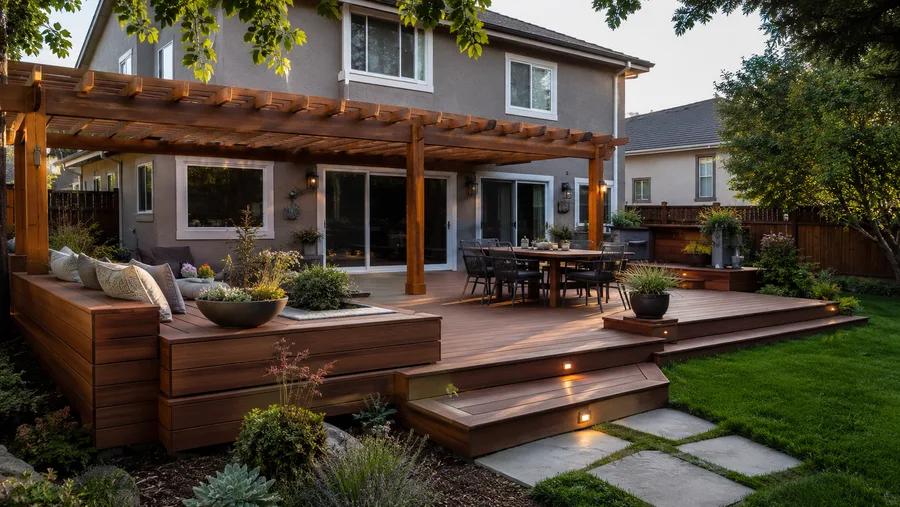 Entertainment deck with pergola, built-in bench seating, planters and integrated lighting