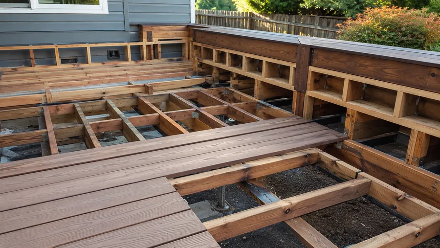 Deck framing with built-in bench structure integrated into the frame before decking goes down