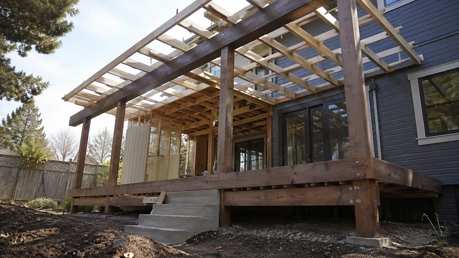 Entertainment deck under construction with pergola framing and structural posts in place
