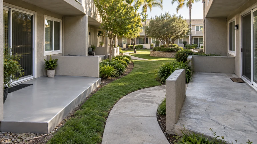 Two ground floor patios in a landscaped multi-unit courtyard, one freshly coated and one cracked