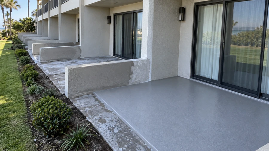 Newly coated gray patio deck and patched stucco knee walls along a row of ground floor units