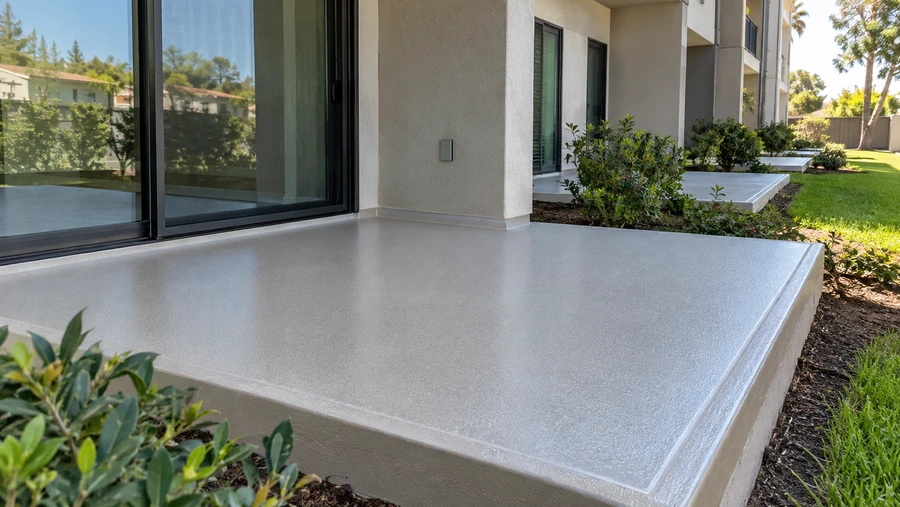 Close up of a new textured gray deck coating on a ground floor patio with identical units beyond