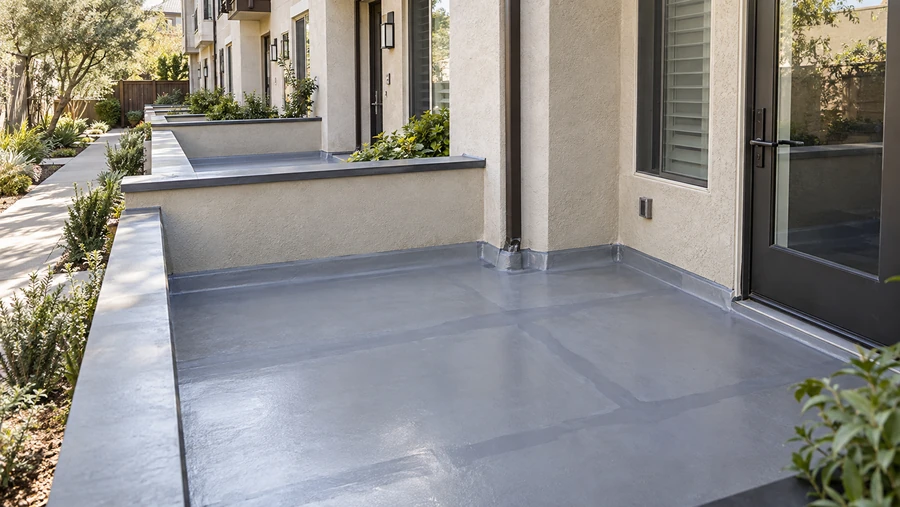 Gray deck coating with sealed base flashing around a downspout on a patio of an attached stucco building