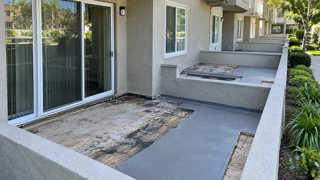 Patio deck stripped to plywood substrate with new gray coating partly applied, neighboring units also opened