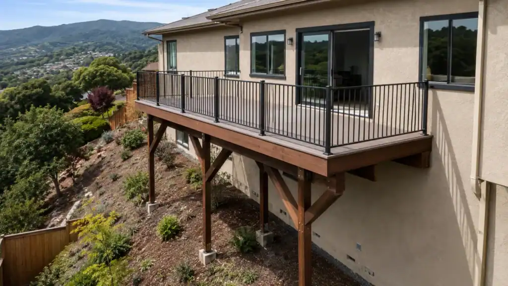 Hillside balcony carried on posts of different lengths, each on its own concrete pier down the slope