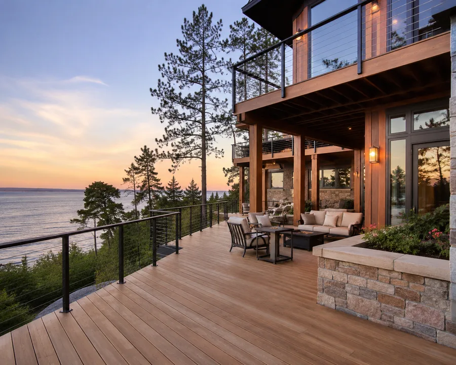 Covered lower-level patio beneath an elevated hillside deck, supported on heavy timber posts and beams