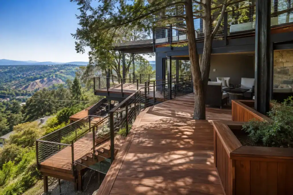 Multi-level deck stepping down a wooded hillside, connected by a staircase between levels