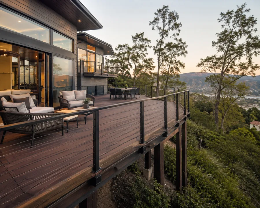 Hillside deck cantilevered on angled timber posts over a sloped lot, overlooking a hillside town and lake