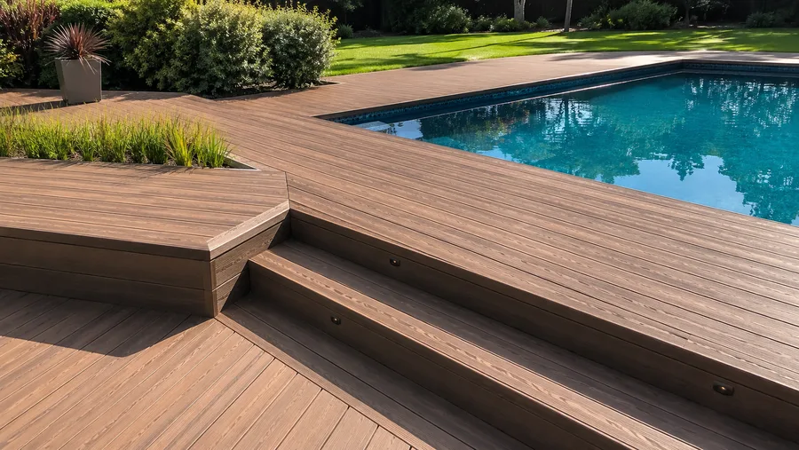 In-ground pool decking with wide steps, integrated lighting and a planter edge