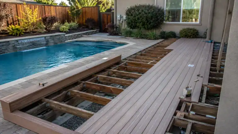 Low-profile deck frame going in beside an in-ground pool's existing paved surround