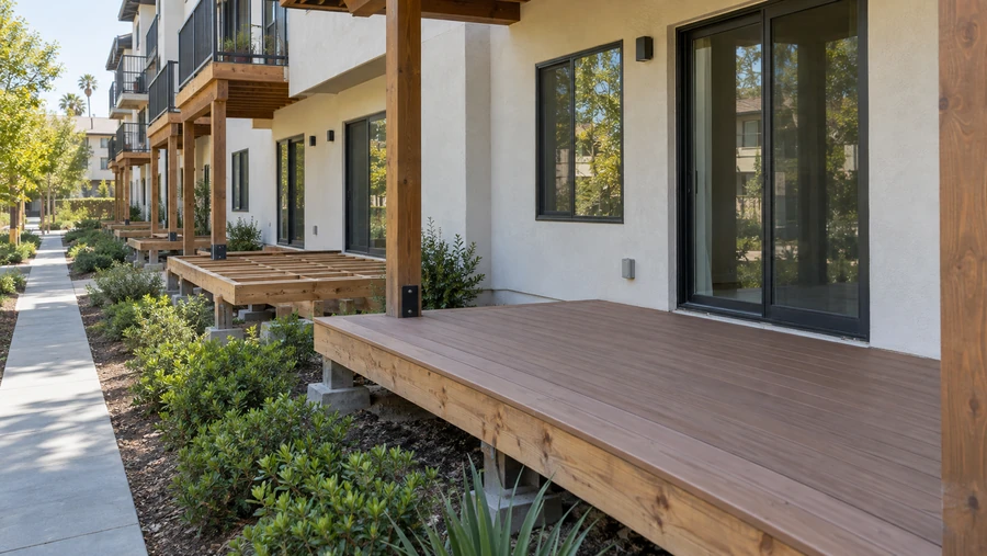 Row of patio decks at an apartment community, one still framed and the next already boarded