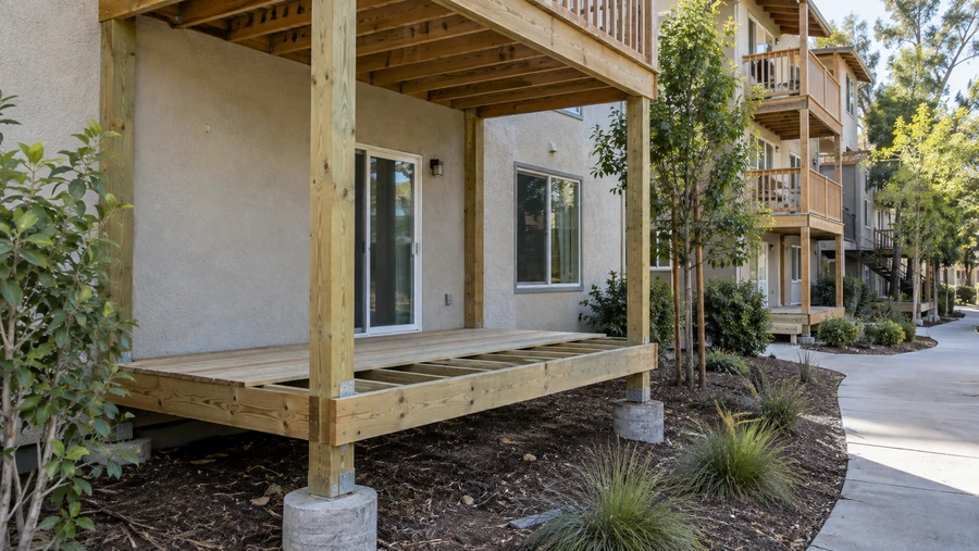 Ground-floor deck framed on posts and concrete piers beneath an upper-floor balcony