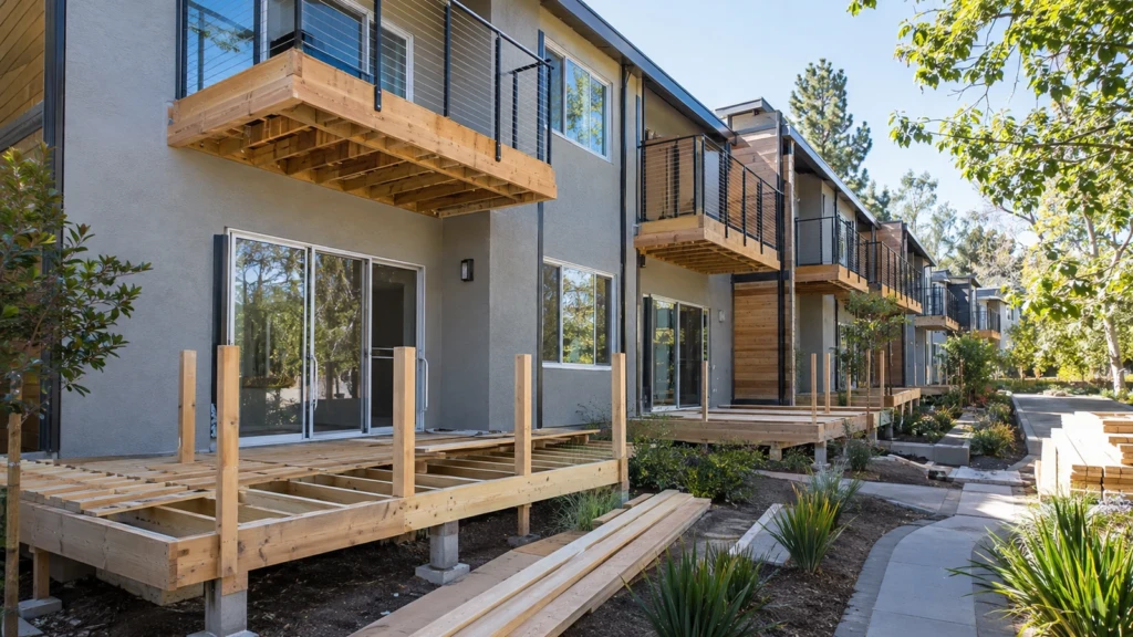 Multifamily elevation mid-programme, upper balconies complete and ground-floor decks still being framed