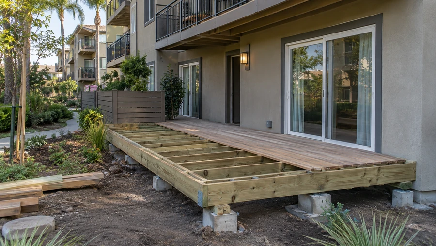 Deck installation in progress, boards going down over new pressure-treated framing