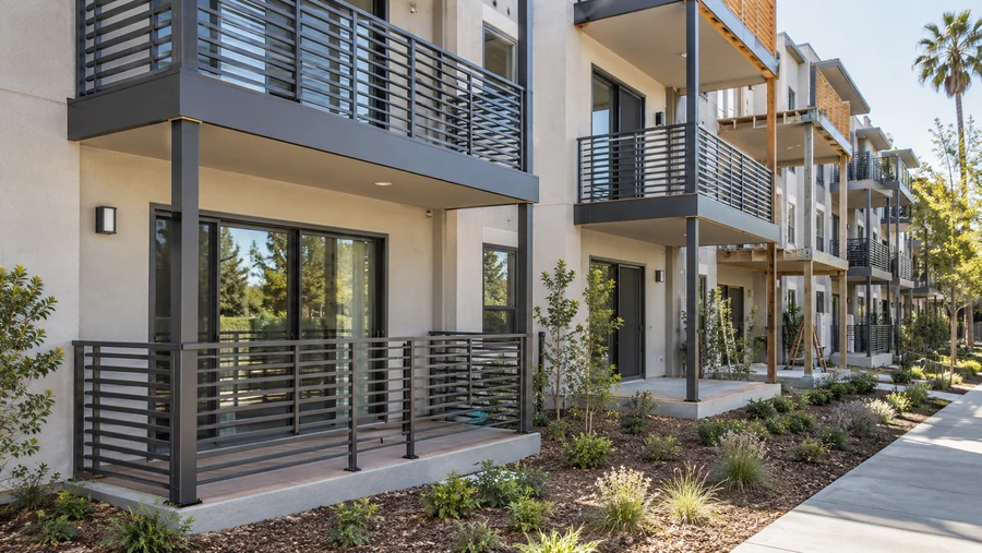 Completed ground-floor decks and upper balconies across a new multifamily elevation