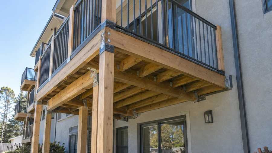 Balcony underside with beams, joists, metal connectors and the ledger fixed at the wall