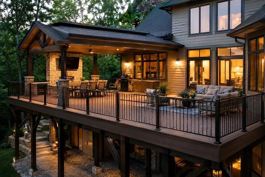 Large covered balcony with seating and dining areas, carried on timber posts