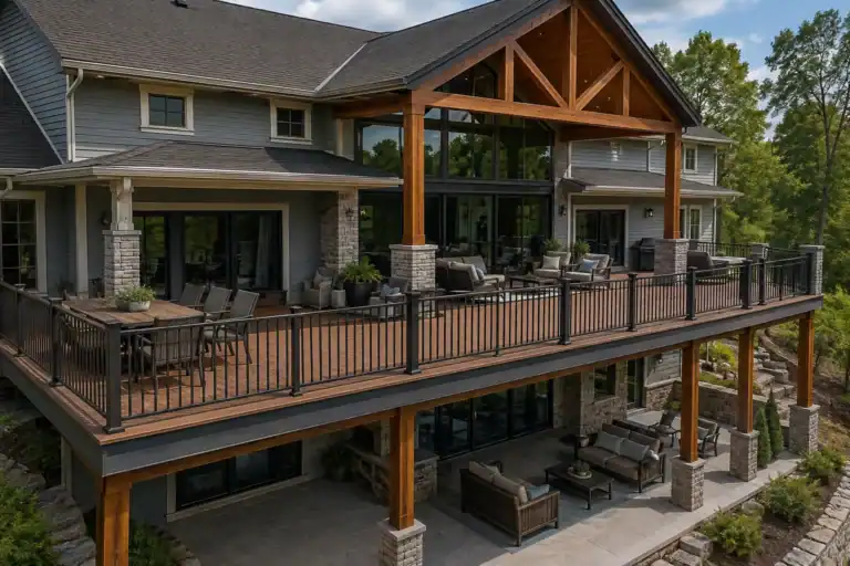 Large balcony running the full width of a building, carried on a beam and a line of posts