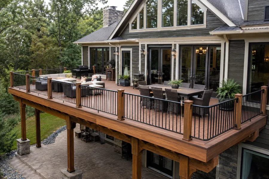 Wide balcony with separate seating and dining zones behind a continuous guardrail run