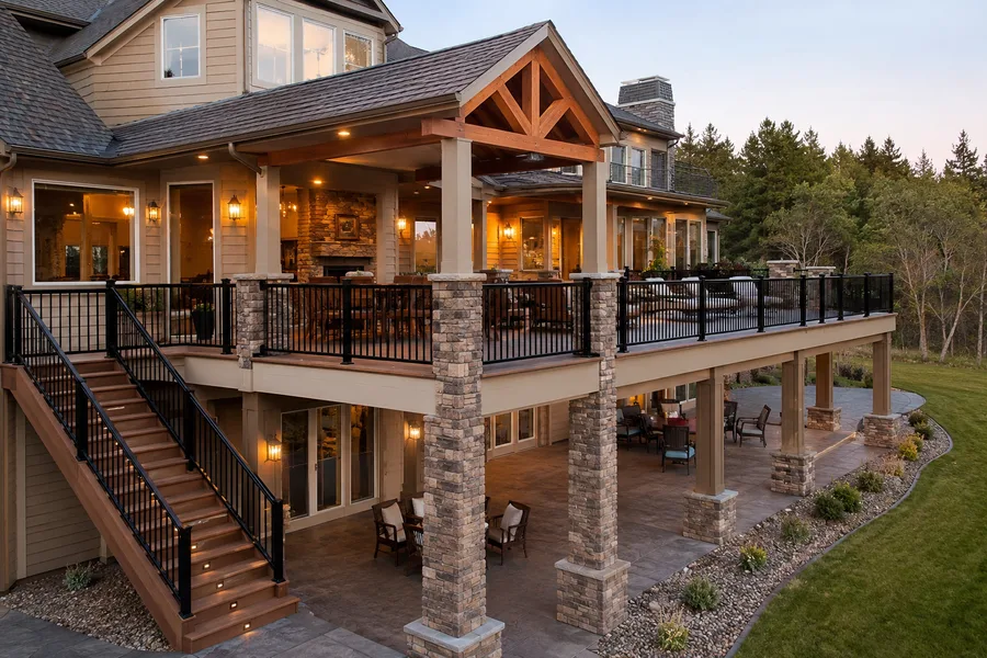 Long balcony on masonry columns with an exterior stair to the level below