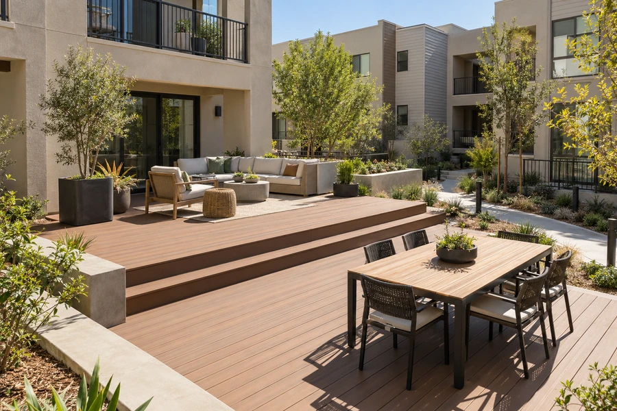 Two level composite deck in an apartment courtyard: lounge on the upper level by the building, dining table on the lower level, two wide steps along the edge between them