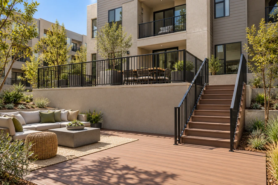 Lower composite deck below a raised terrace with a black aluminium guardrail, joined by a straight stair with handrails on both sides