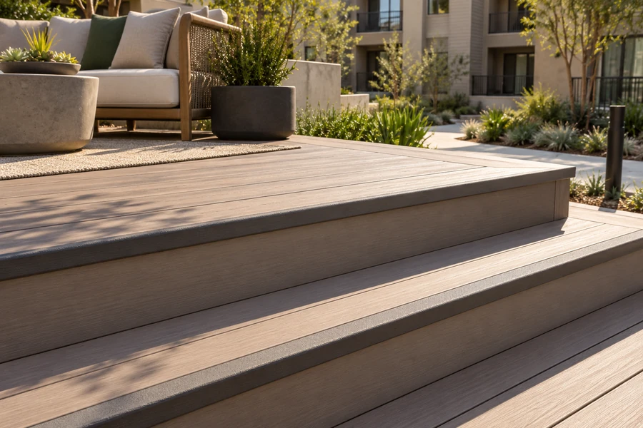 Two composite steps between deck levels with darker grey tread edges and closed risers, the upper level&rsquo;s border meeting the top step