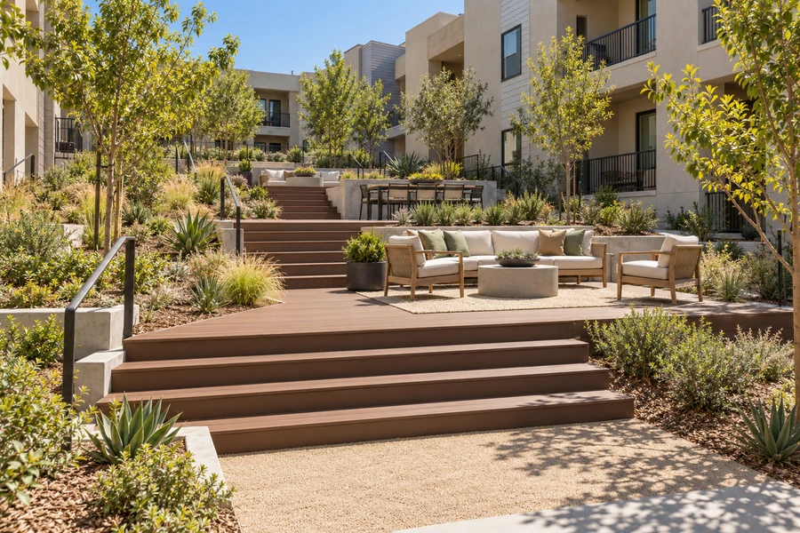 Tiered composite deck stepping down a sloped apartment courtyard, wide flights of steps between the tiers and drought-tolerant planting on the slope