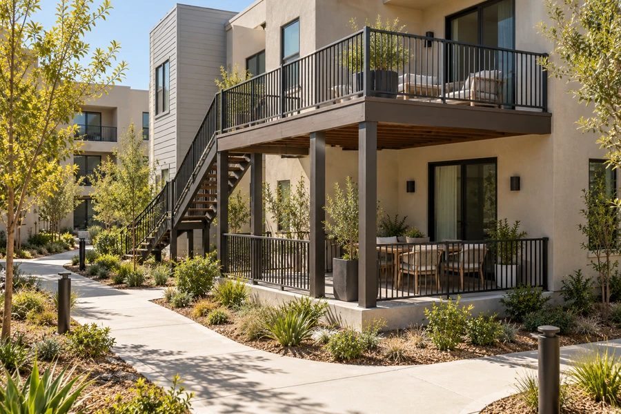 Two story deck at a California apartment building: upper deck on tall posts with an aluminium guardrail and exterior stair, ground-level patio beneath it